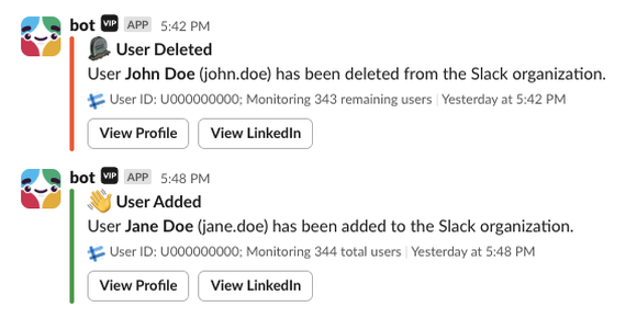 Slack bot notifications when user is removed or added